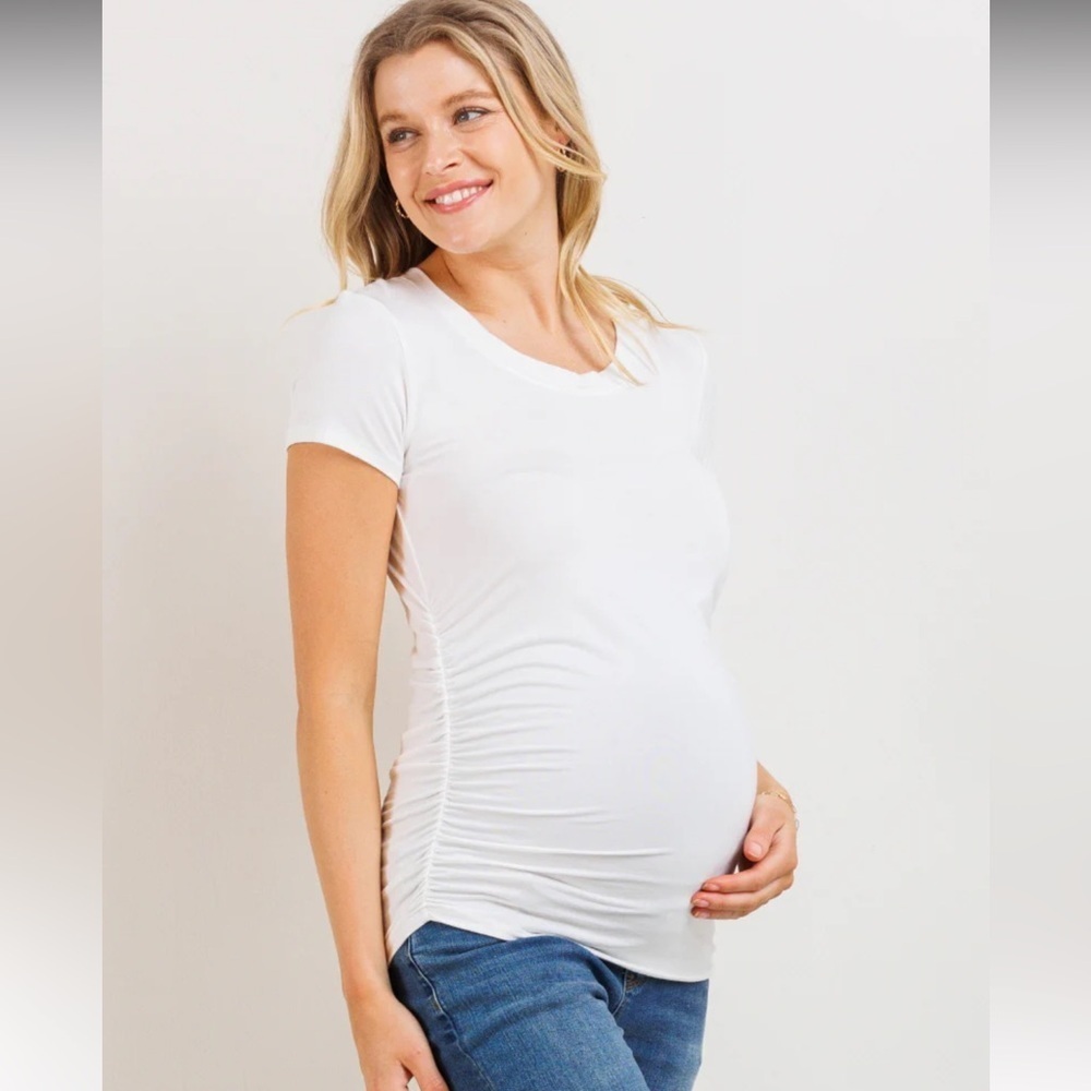 HELLO MIZ Round Neck Ruched Side Maternity Top Stretchy White Modal Sz Small